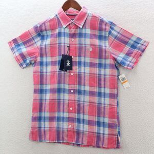 Izod Shirt Men's Small Pink & Blue Plaid Madras Linen Blend Lightweight Preppy